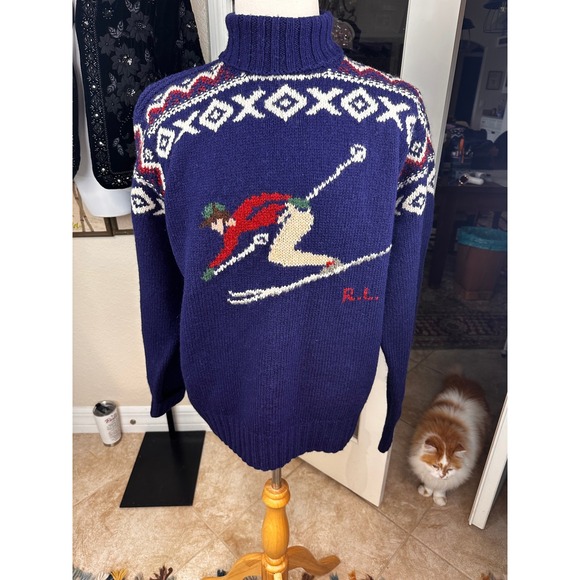 Polo Ralph Lauren Vintage Mens Skiing Turtleneck Sweater Blue Wool XL Hand Knit - Picture 5 of 9